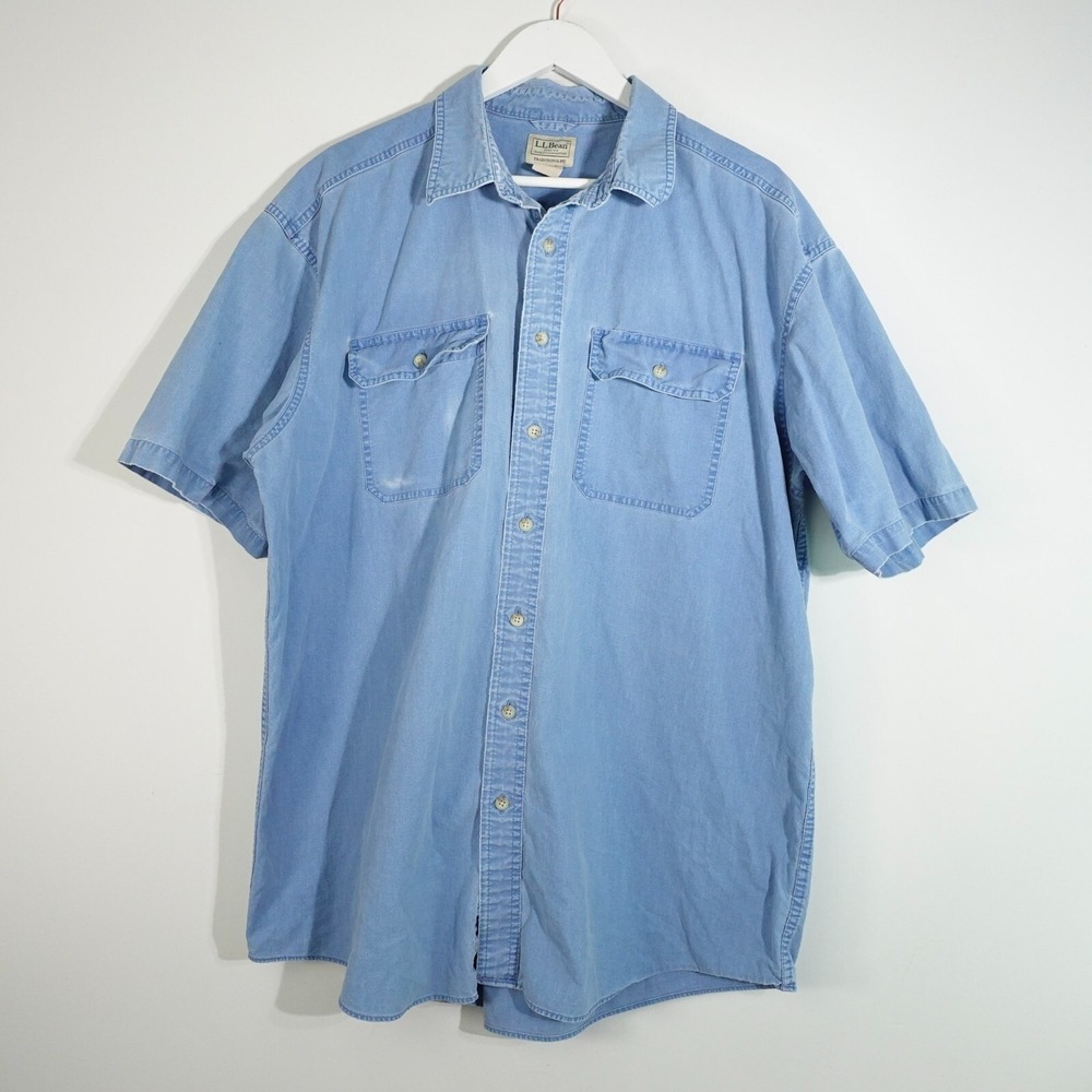 VINTAGE LL Bean Chore Shirt Denim Mens XL Tall Blue Pockets Casual Cool Utility